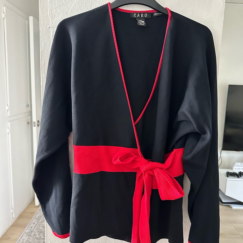 Cabo Black and Red Tie Up Cardigan with Red Trim